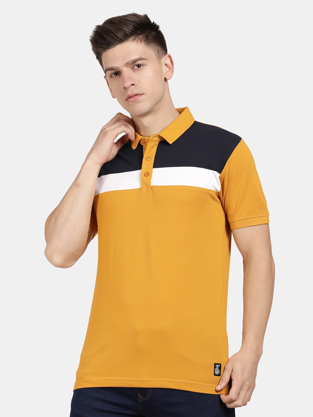

t-base Men Cotton Striped Polo Collar T-shirt, Yellow