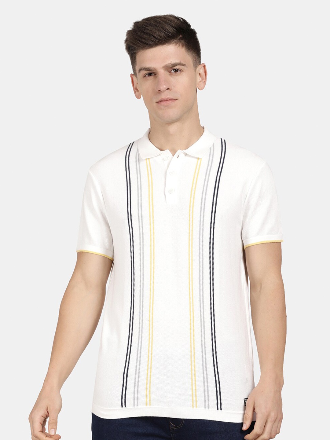 

t-base Men Cotton Striped Polo Collar T-shirt, Off white