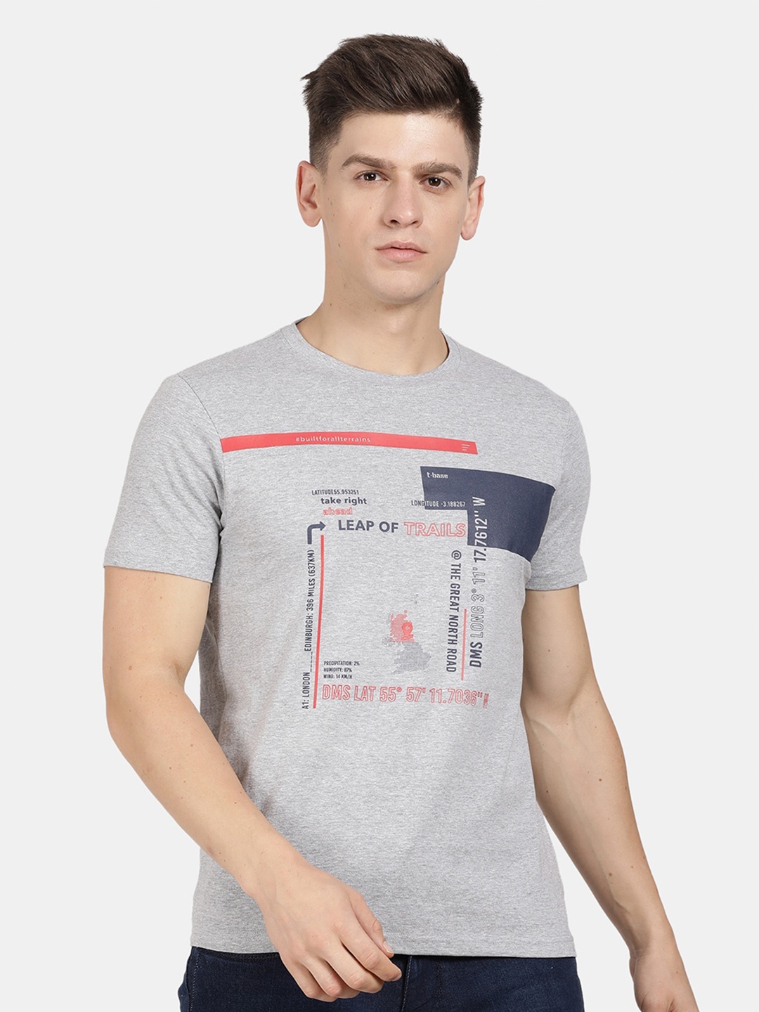 

t-base Men Typography Printed Cotton T-shirt, Grey melange