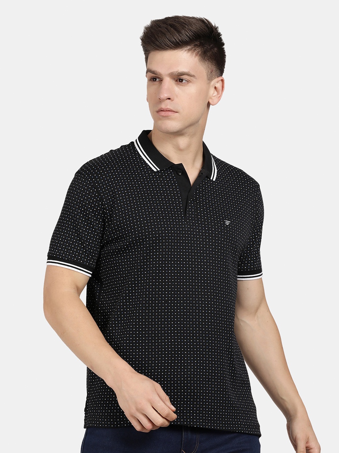 

t-base Men Printed Polo Collar Cotton T-shirt, Black