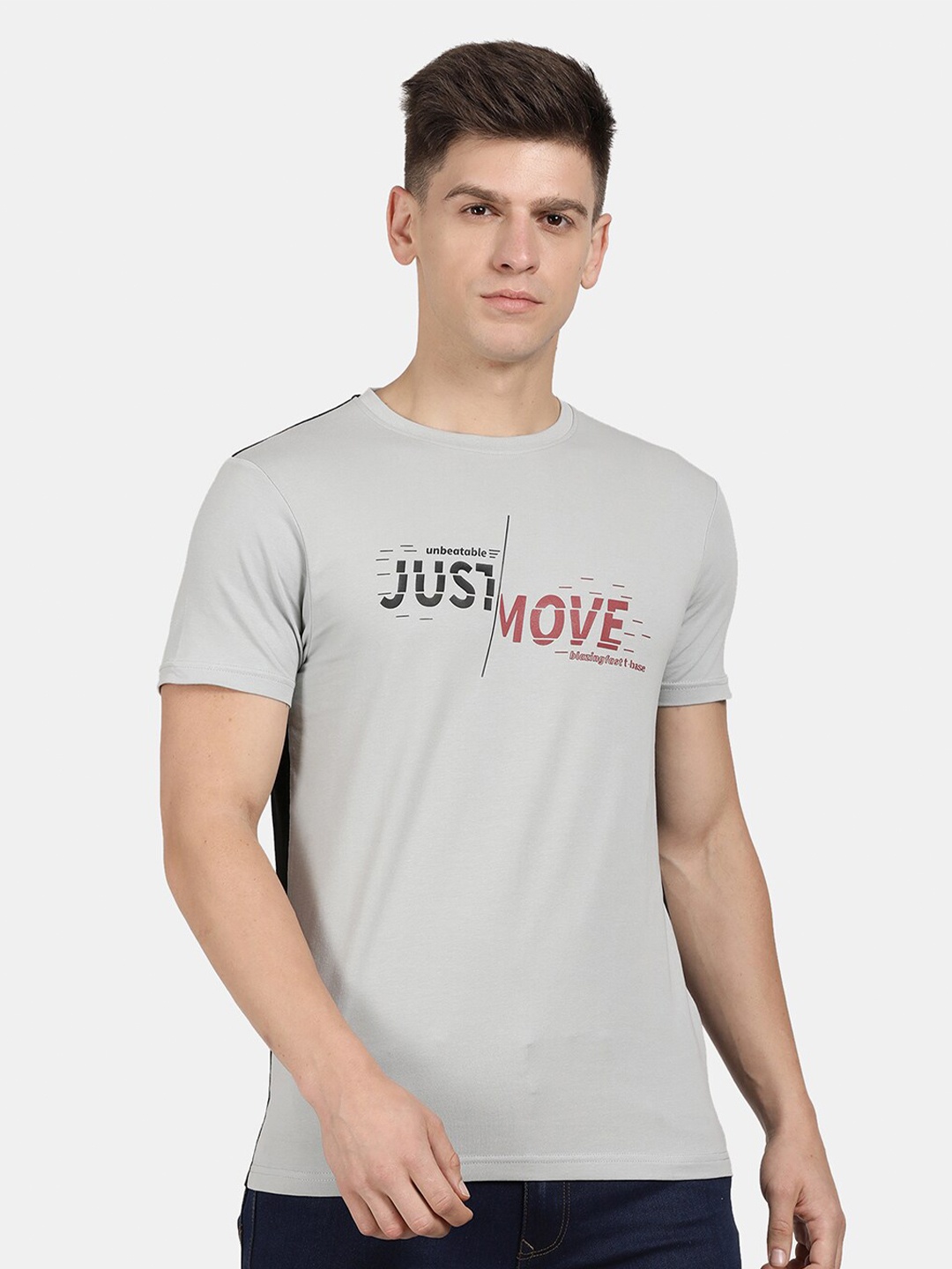 

t-base Men Typography Printed Cotton T-shirt, Grey