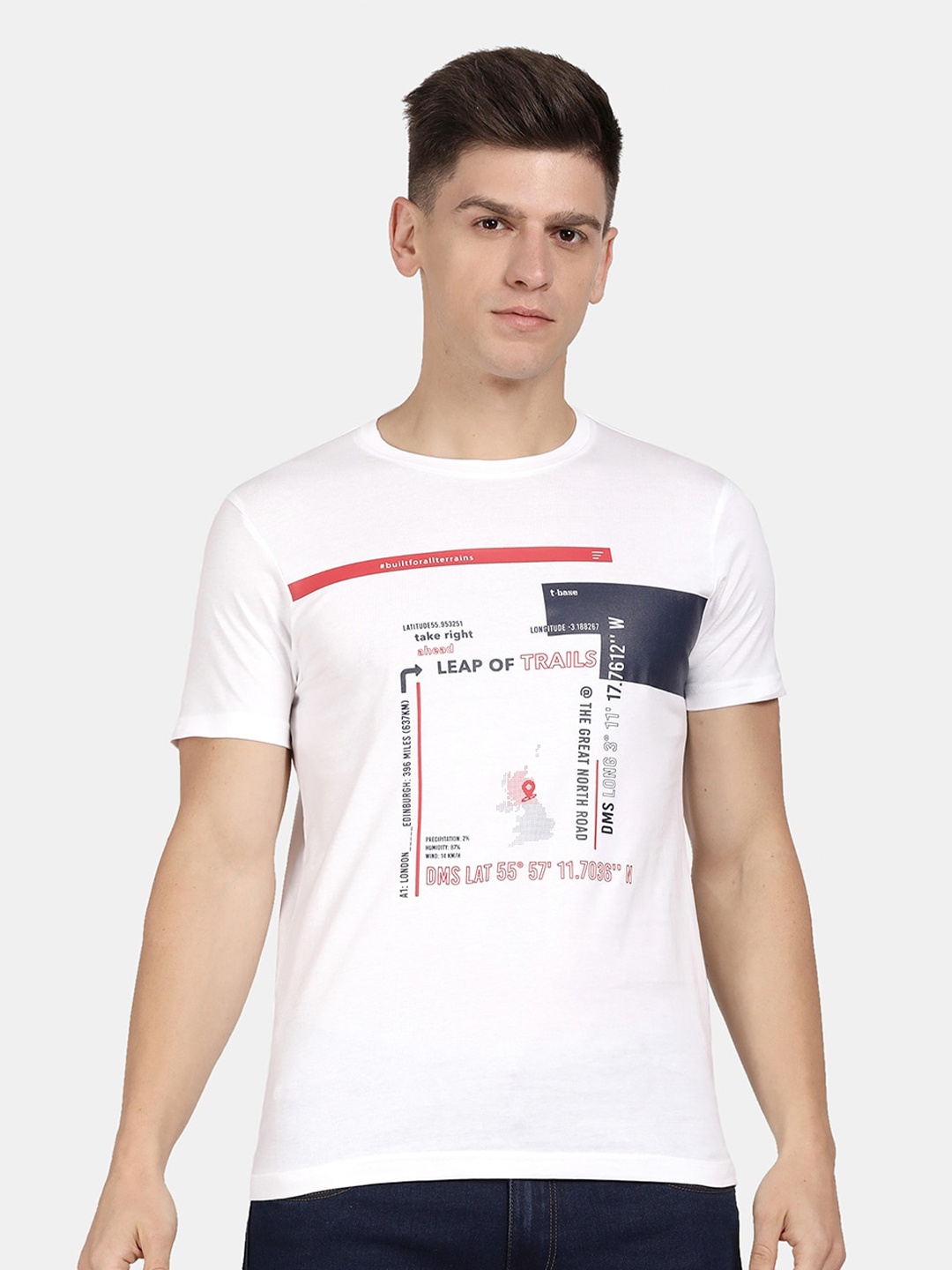 

t-base Men Printed Round Neck Cotton T-shirt, Off white