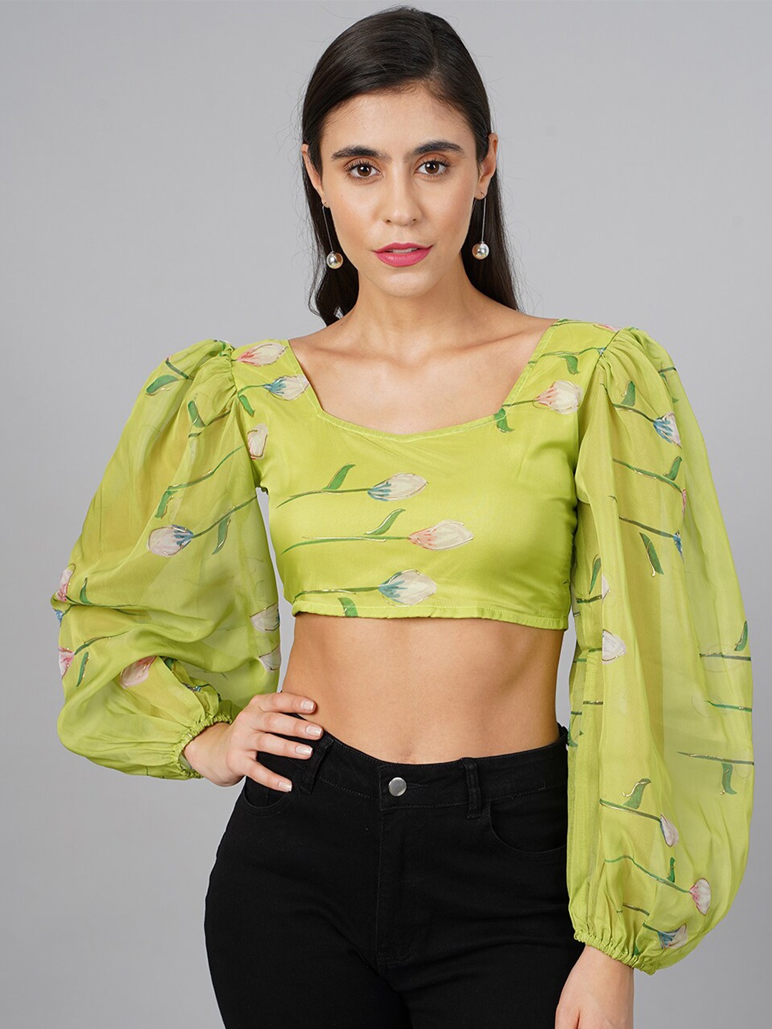 

Cation Floral Printed Crop Top, Green