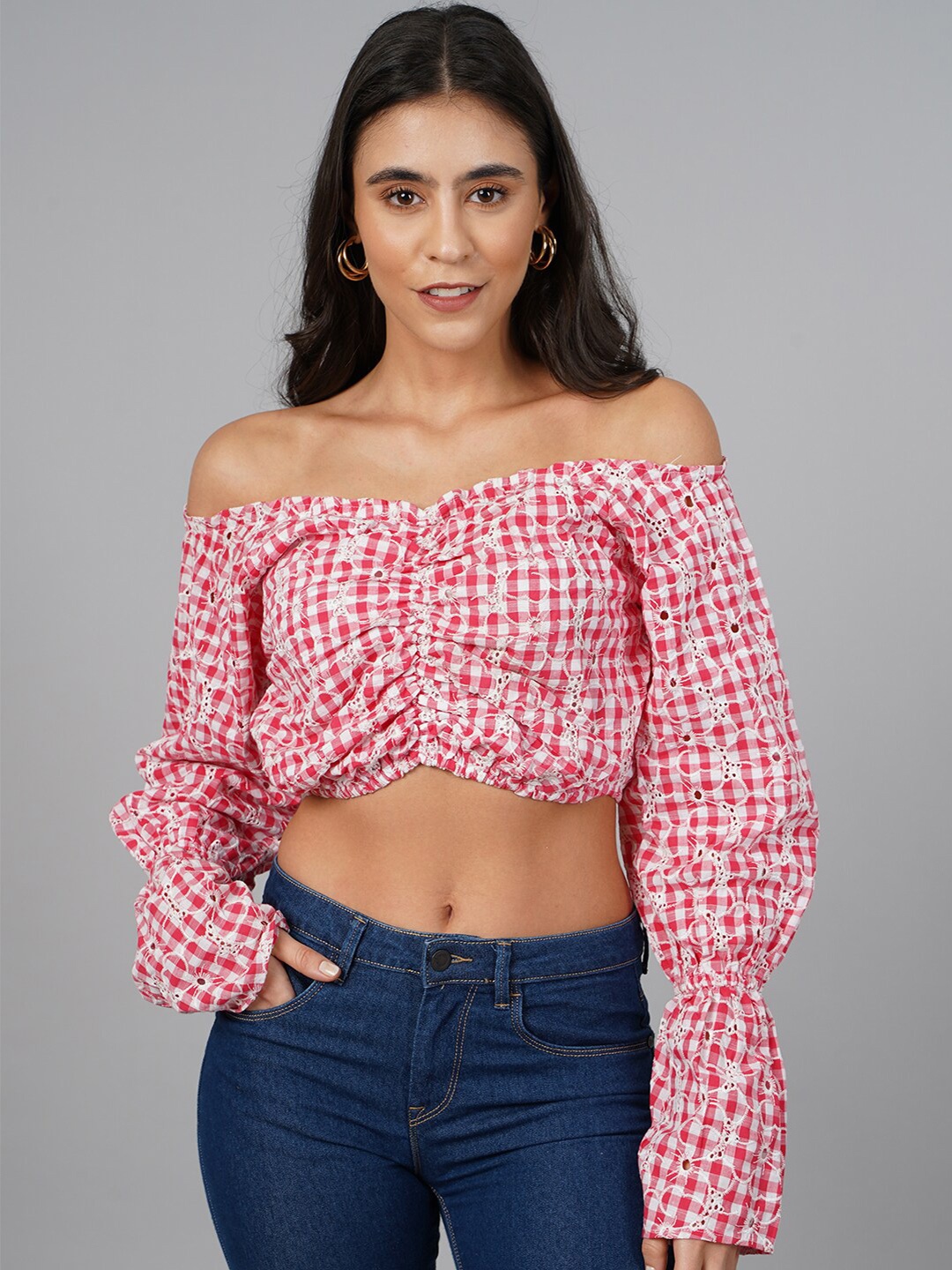 

Cation Checked Off-Shoulder Bardot Crop Top, Red