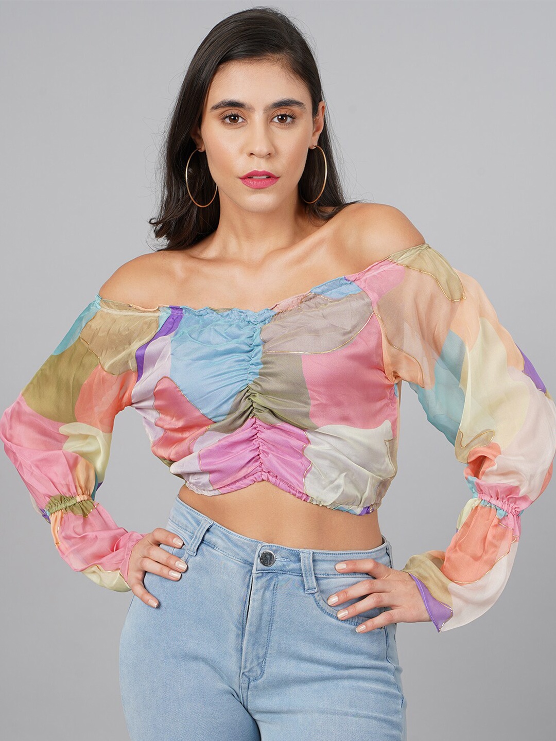 

Cation Printed Off-Shoulder Blouson Top, Purple