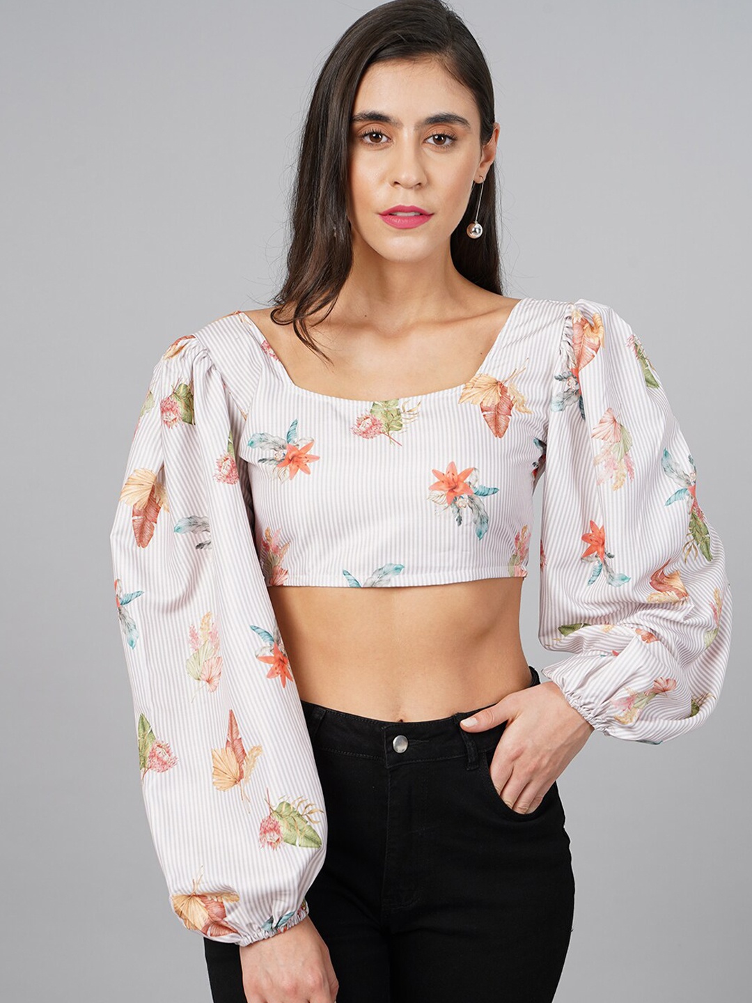 

Cation Floral Print Styled Back Crop Top, Off white