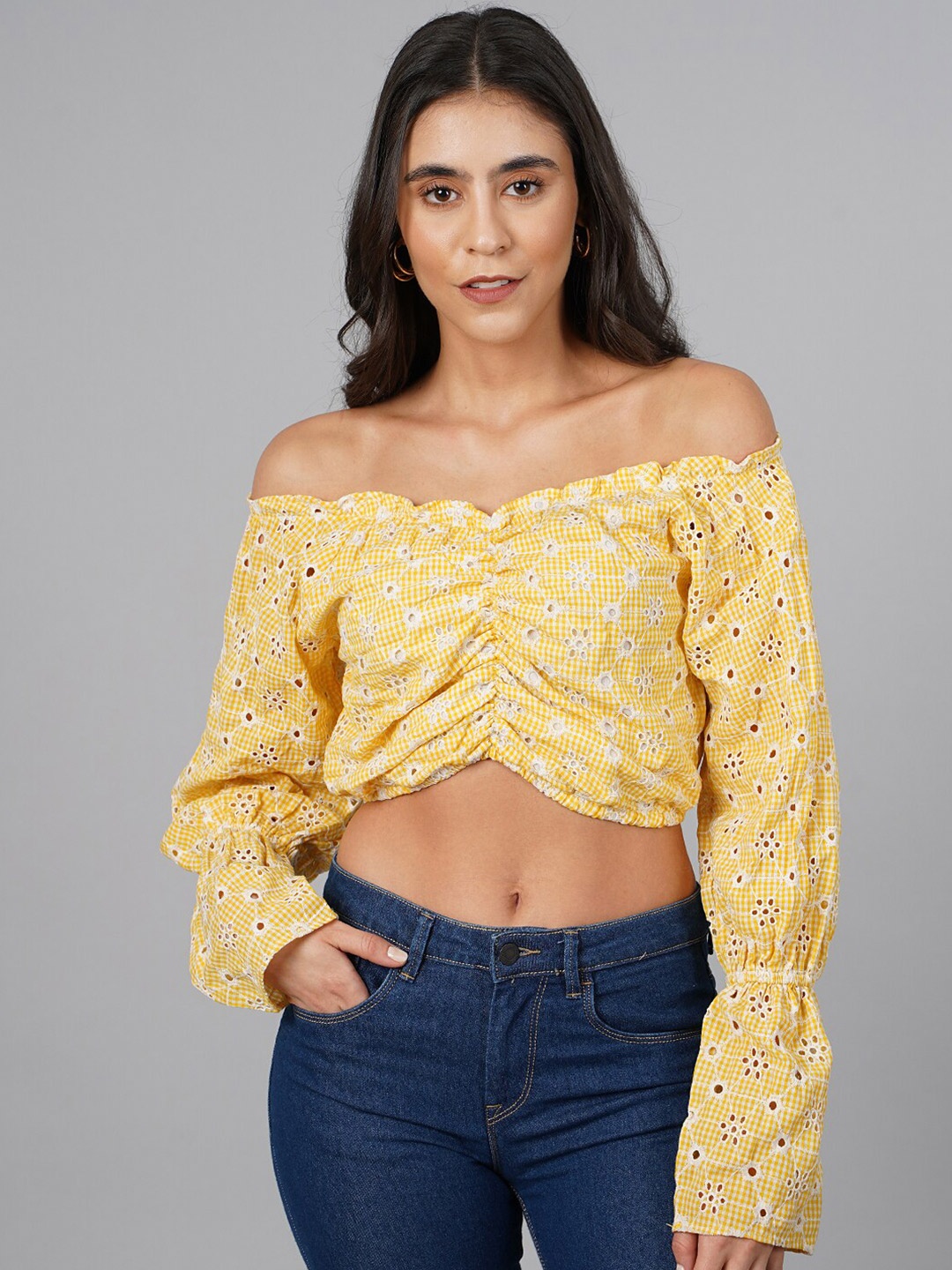 

Cation Off-Shoulder Bardot Crop Top, Yellow