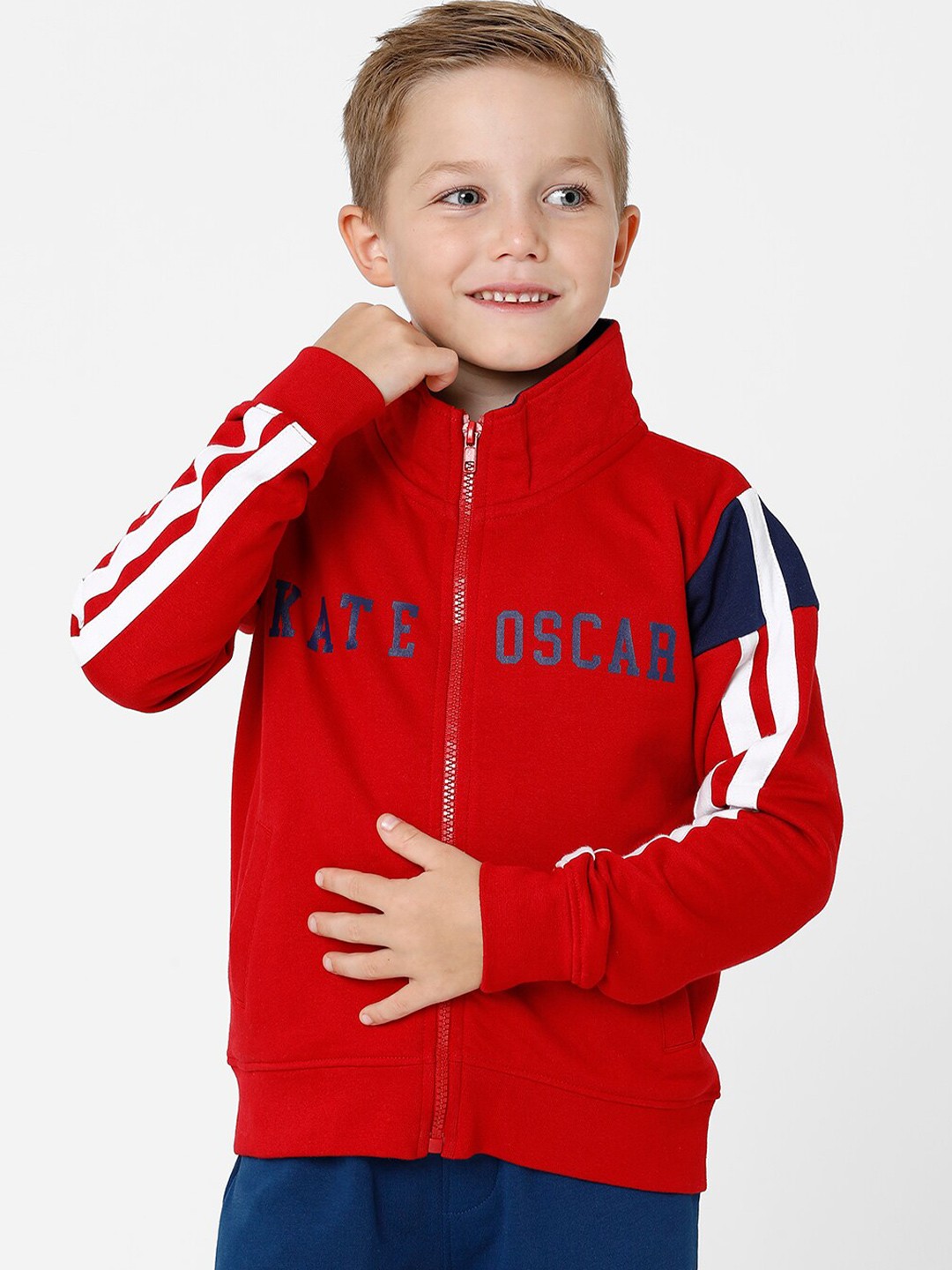 

KATE & OSCAR Boys Printed Mock Collar Front-Open Cotton Sweatshirt, Red