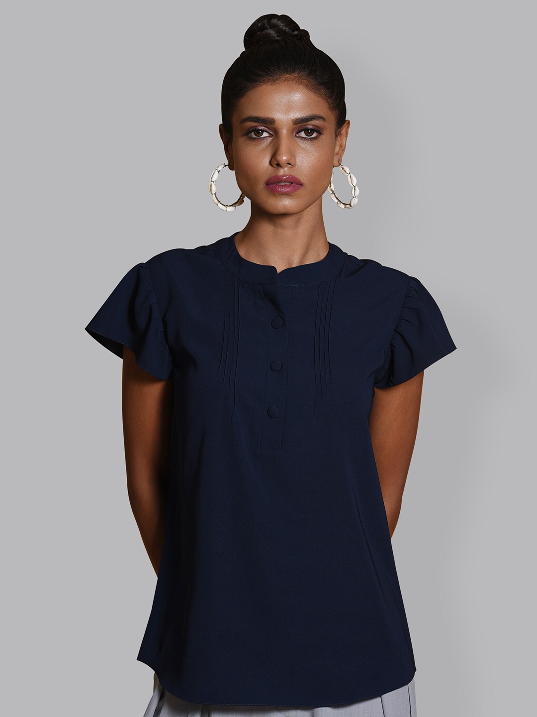 

MODWEE Mandarin Collar Crepe Top, Navy blue