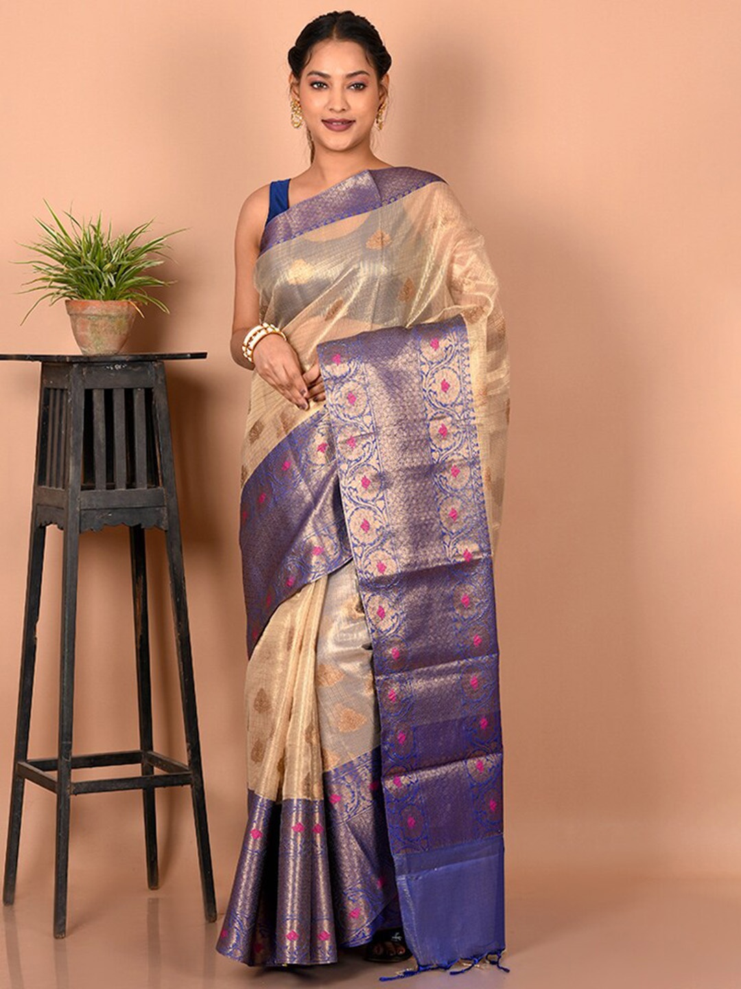 

AllSilks Ethnic Motifs Zari Brasso Saree, Cream