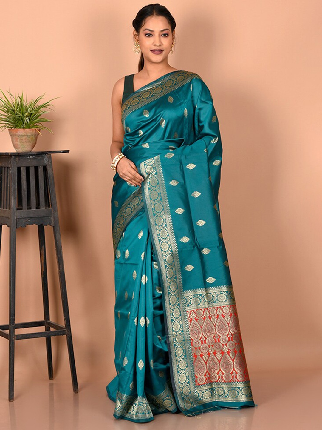 

AllSilks Ethnic Motifs Zari Saree, Teal