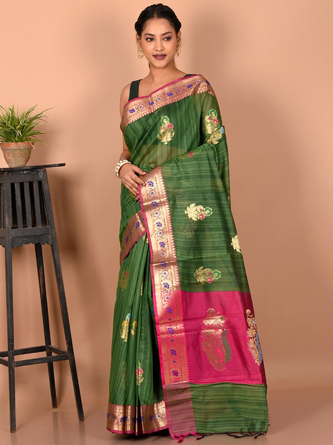 

AllSilks Green & Pink Ethnic Motifs Zari Saree