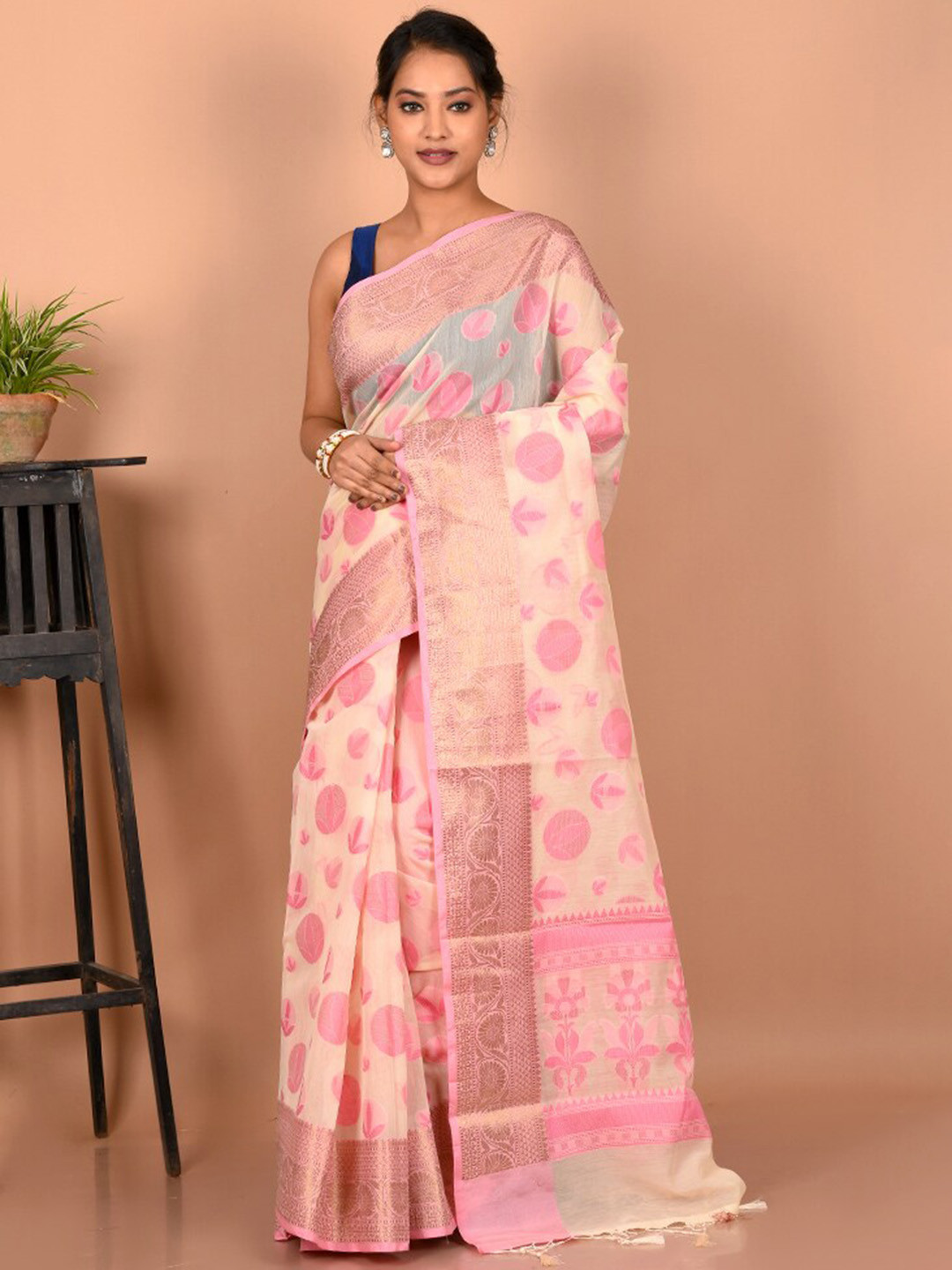 

AllSilks Ethnic Motifs Zari Saree, Cream