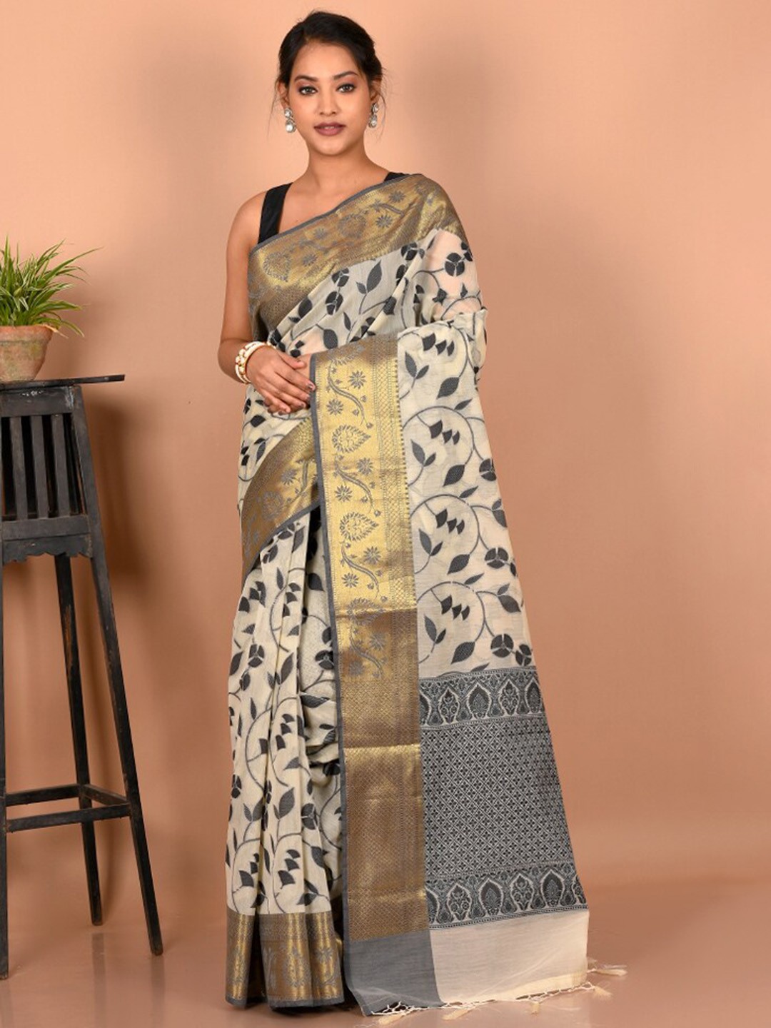 

AllSilks Ethnic Motifs Zari Saree, Cream
