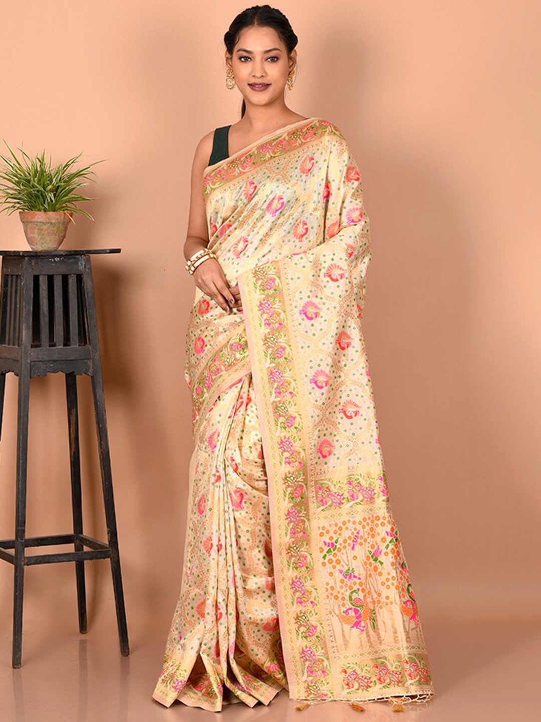 

AllSilks Ethnic Motifs Zari Saree, Cream