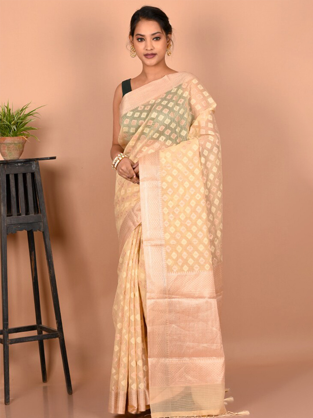 

AllSilks Ethnic Motifs Zari Saree, Cream
