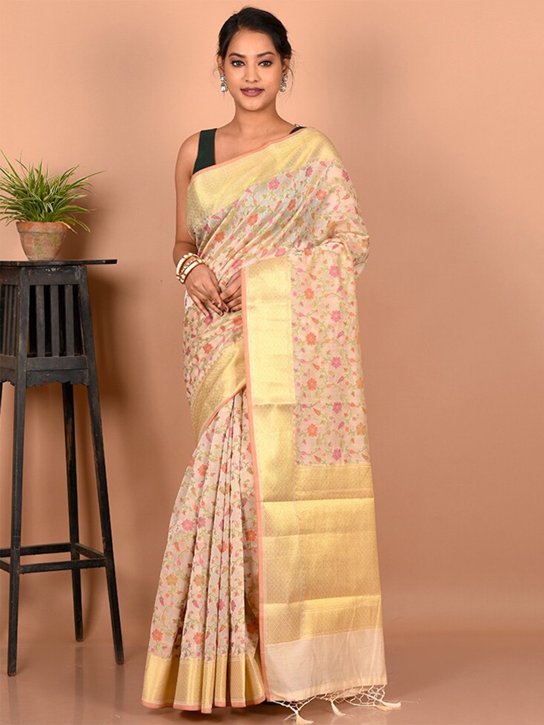 

AllSilks Floral Zari Saree, Cream