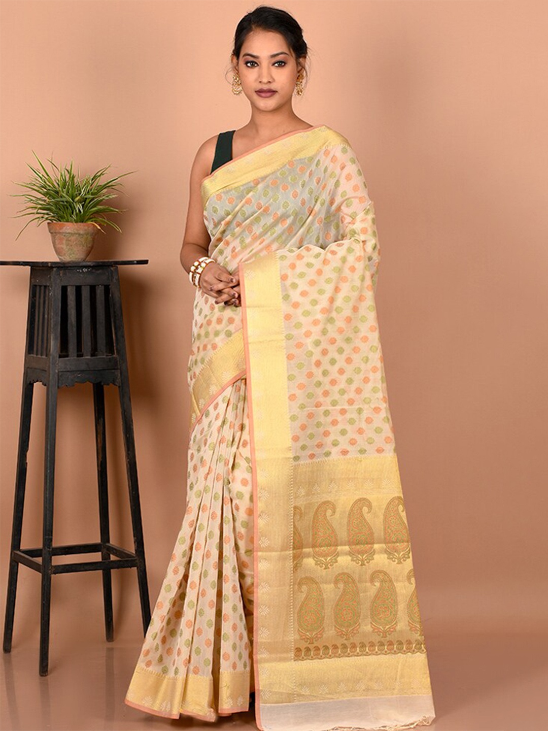 

AllSilks Ethnic Motifs Zari Saree, Cream