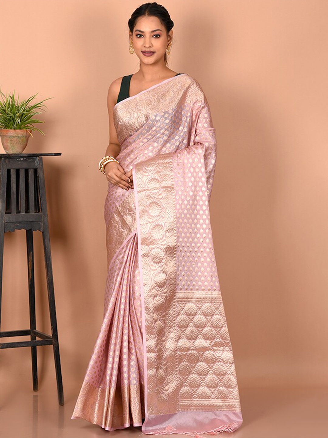 

AllSilks Ethnic Motifs Zari Silk Blend Saree, Pink