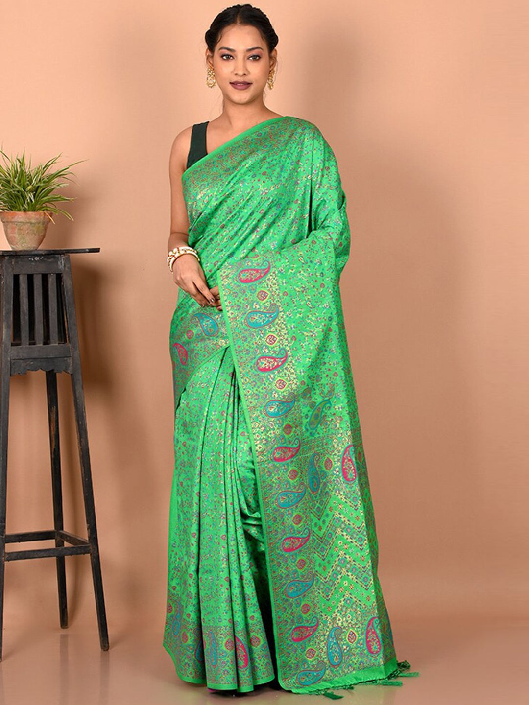 

AllSilks Floral Zari Silk Blend Saree, Green