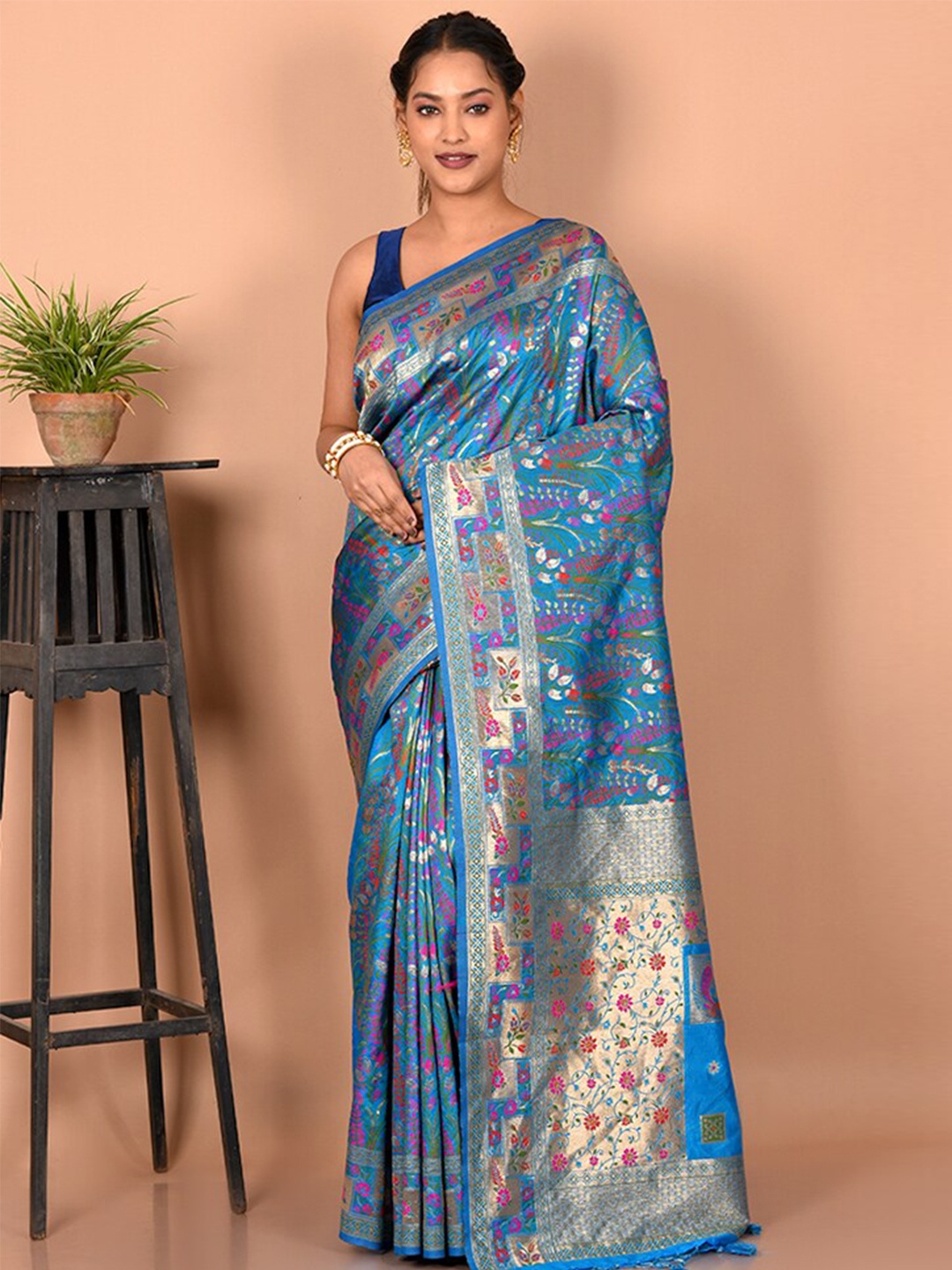 

AllSilks Floral Zari Silk Blend Saree, Blue