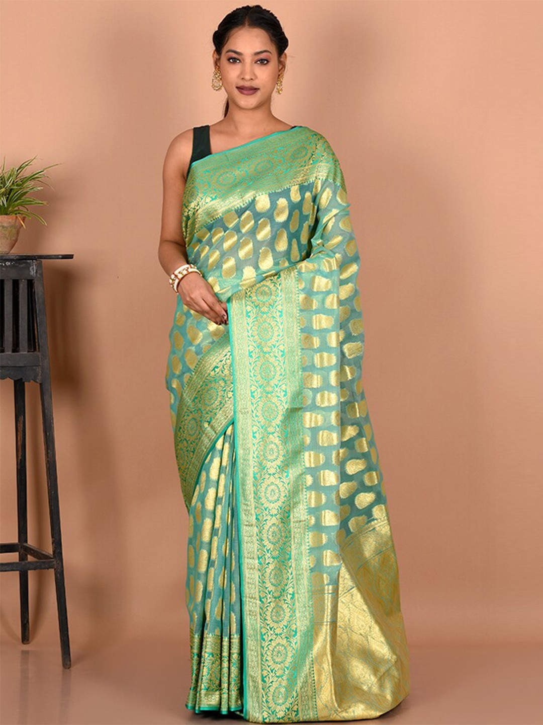 

AllSilks Ethnic Motifs Zari Saree, Green