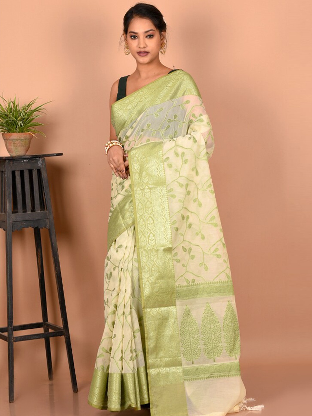 

AllSilks Woven Design Zari Saree, Cream
