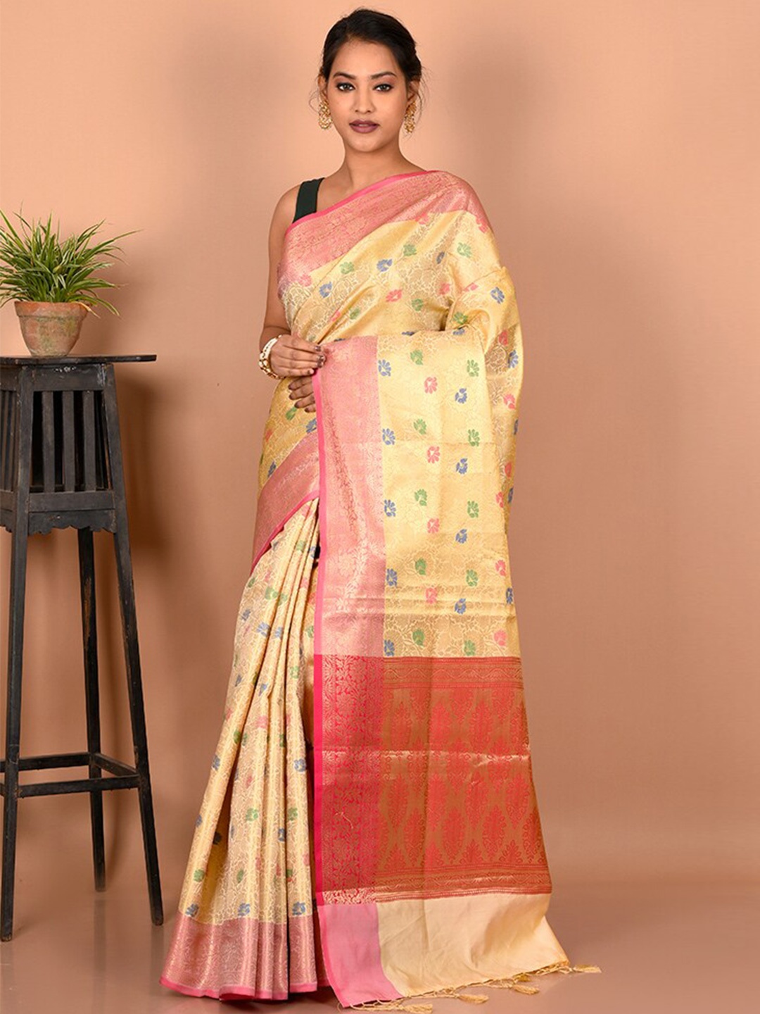 

AllSilks Floral Woven Design Zari Saree, Cream