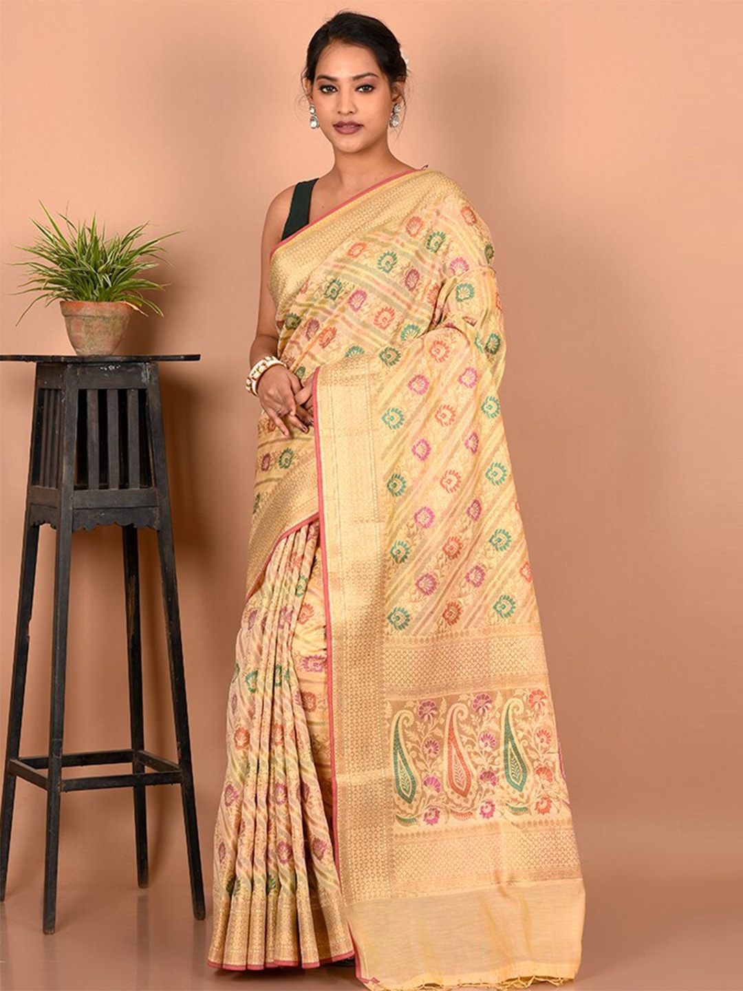 

AllSilks Ethnic Motifs Woven Design Zari Saree, Beige