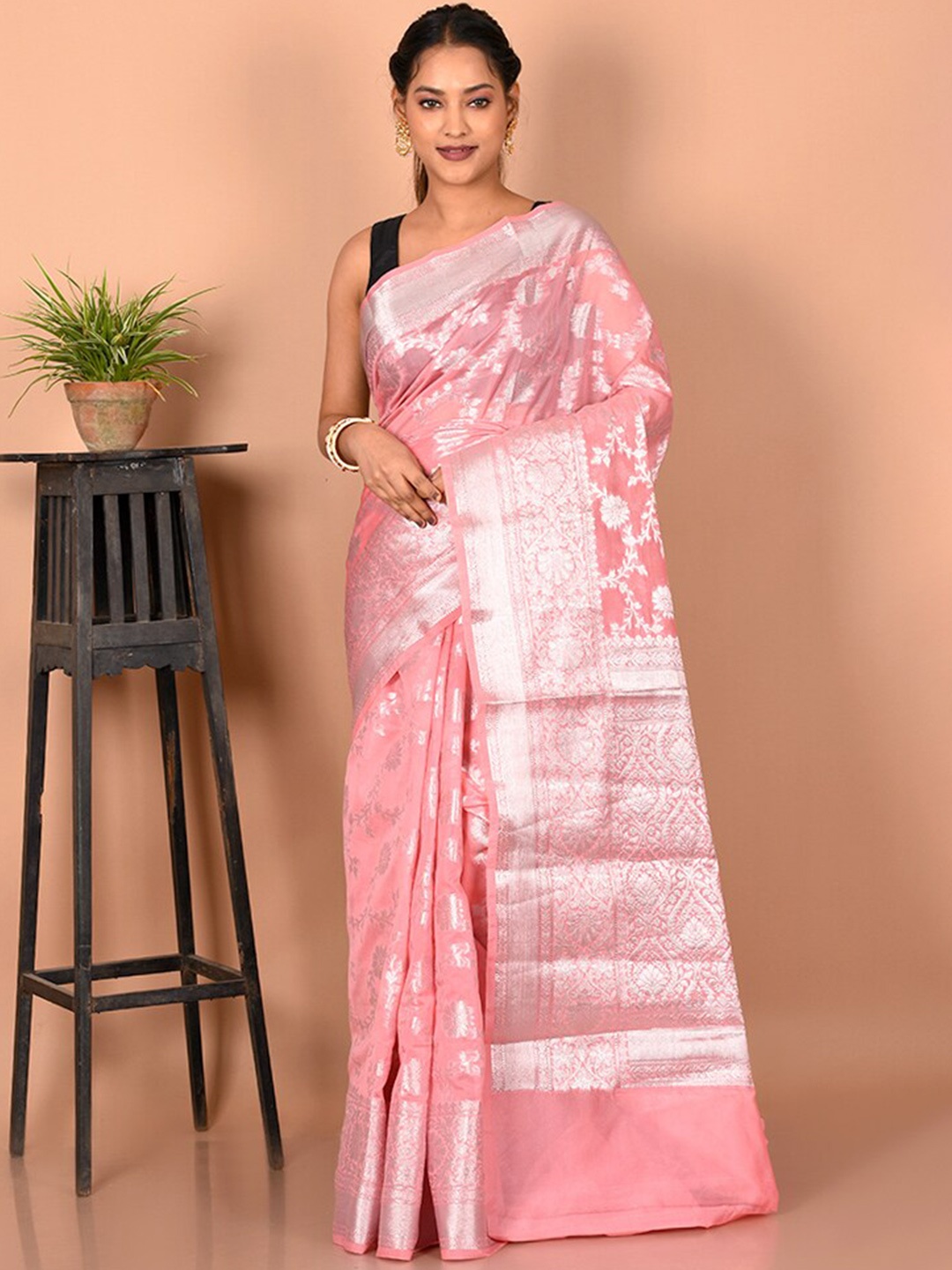 

AllSilks Woven Design Zari Border Saree, Pink