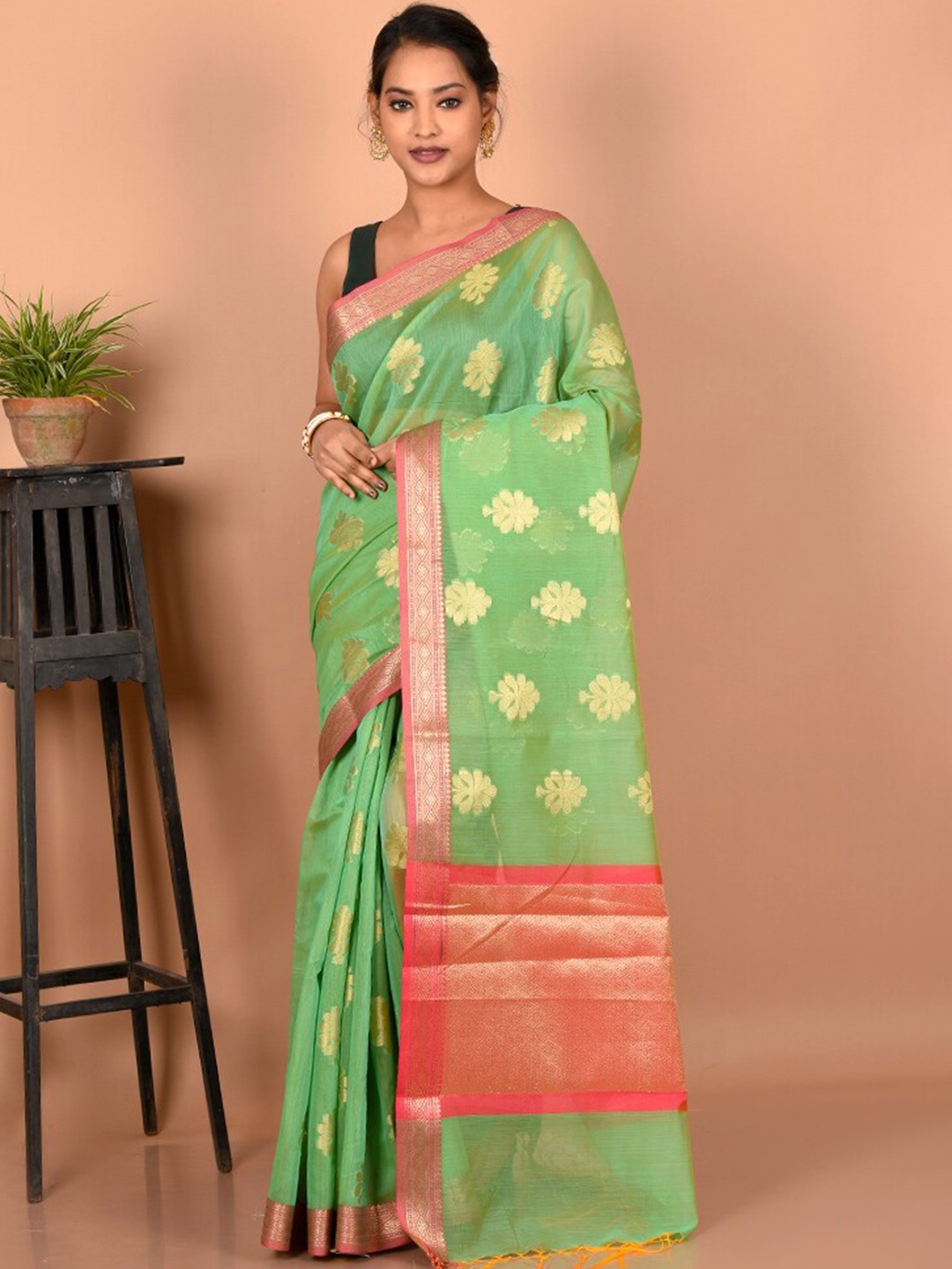 

AllSilks Ethnic Motifs Woven Design Zari Saree, Green