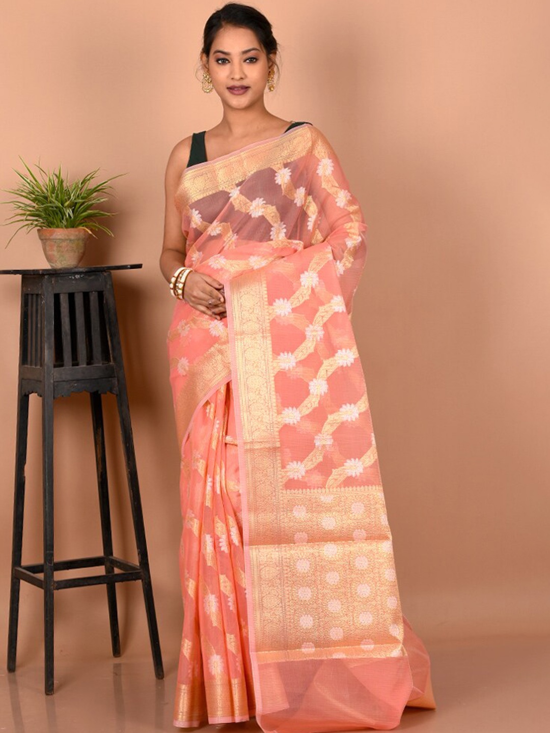 

AllSilks Woven Design Zari Border Saree, Pink