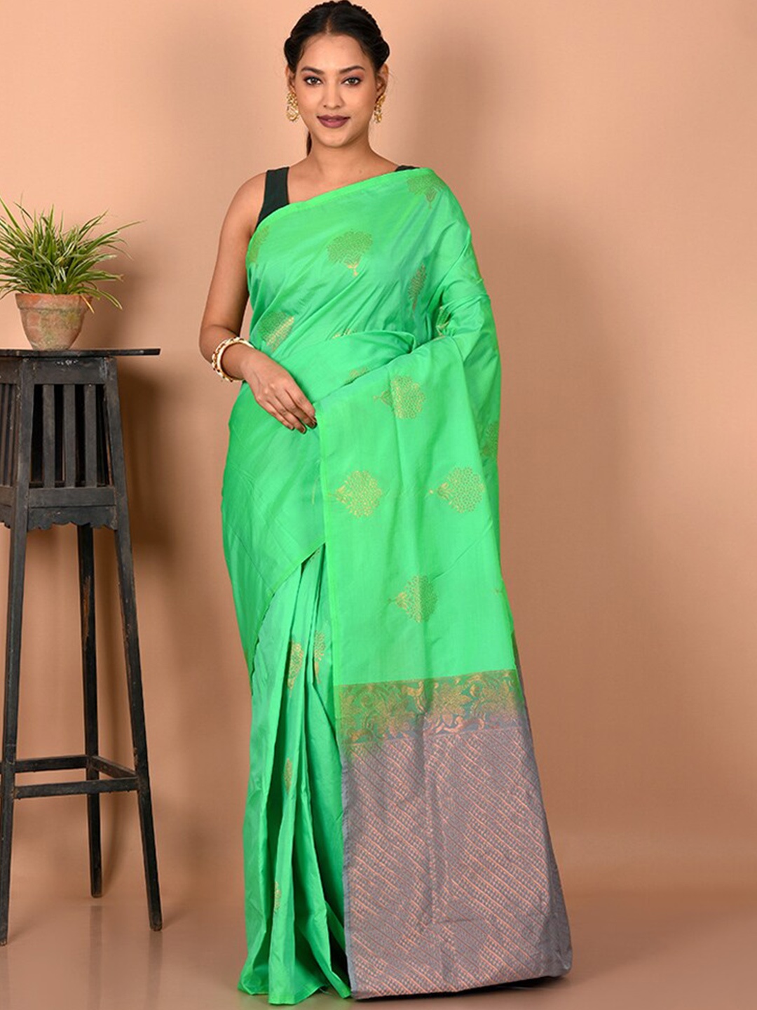 

AllSilks Ethnic Motifs Woven Design Zari Border Kanjeevaram Saree, Green