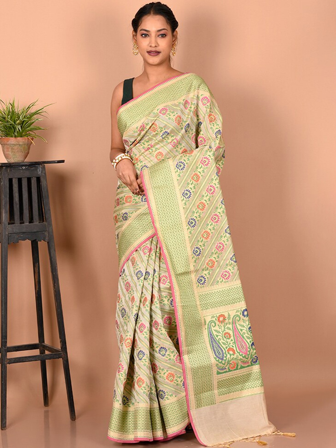 

AllSilks Floral Woven Design Silk Blend Saree, Cream