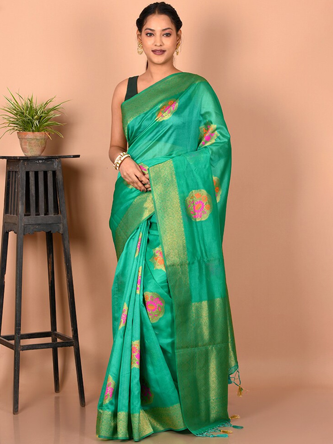 

AllSilks Woven Design Zari Border Saree, Green