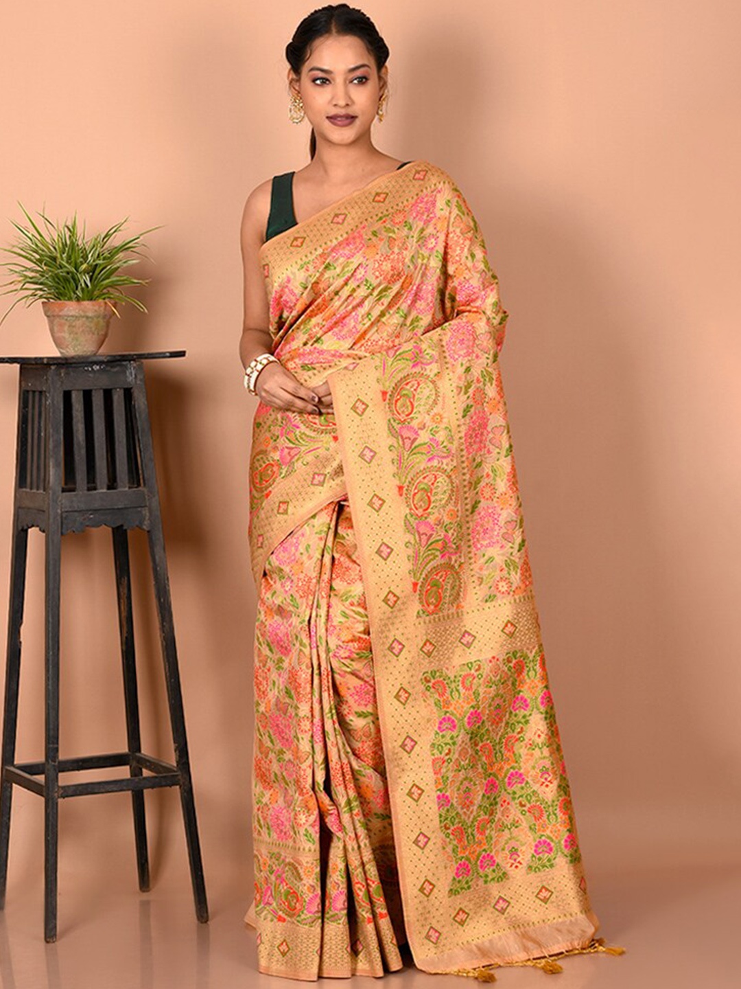

AllSilks Floral Woven Design Saree, Cream