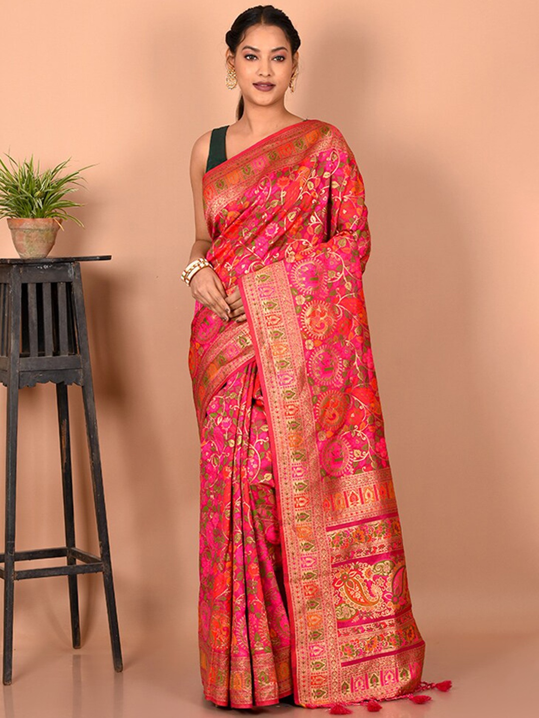 

AllSilks Floral Woven Design Zari Saree, Pink