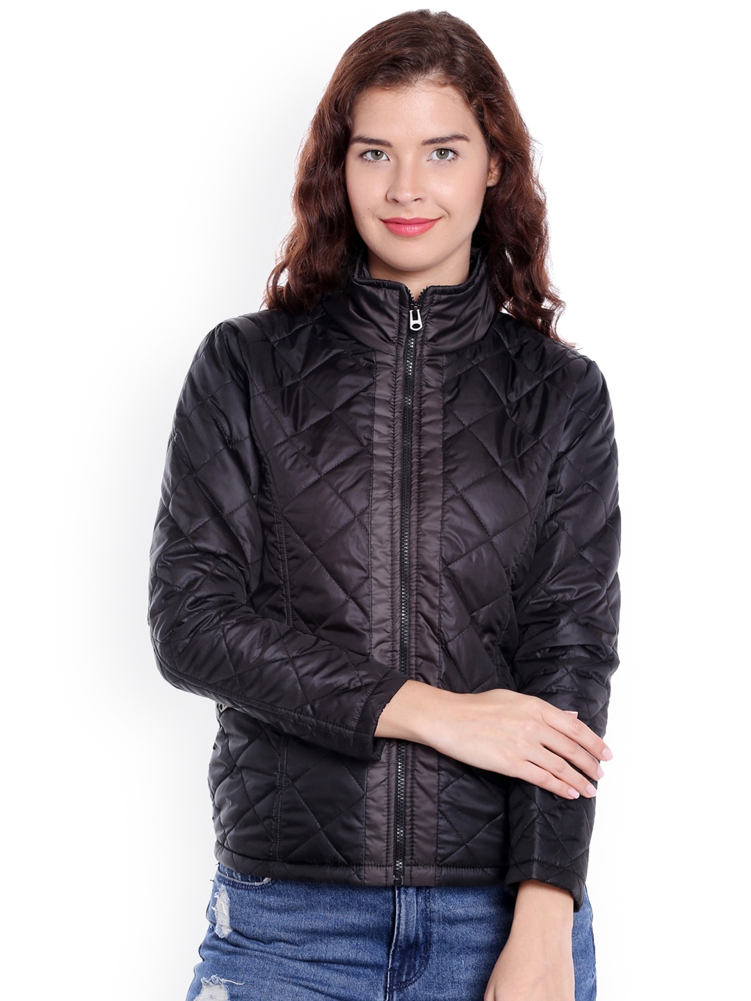 

Campus Sutra Women Black Solid Quilted Jacket