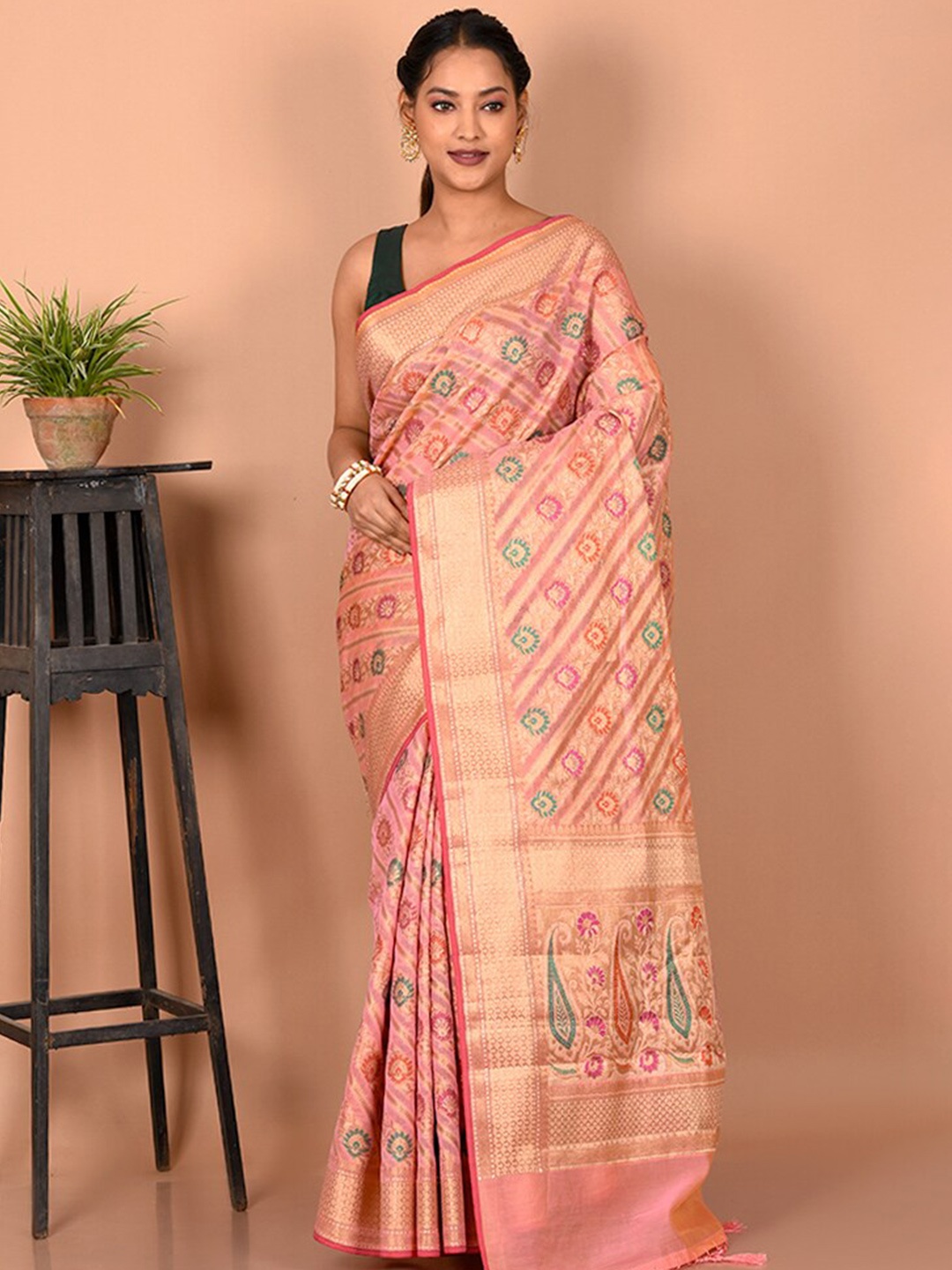 

AllSilks Floral Woven Design Zari Border Saree, Pink