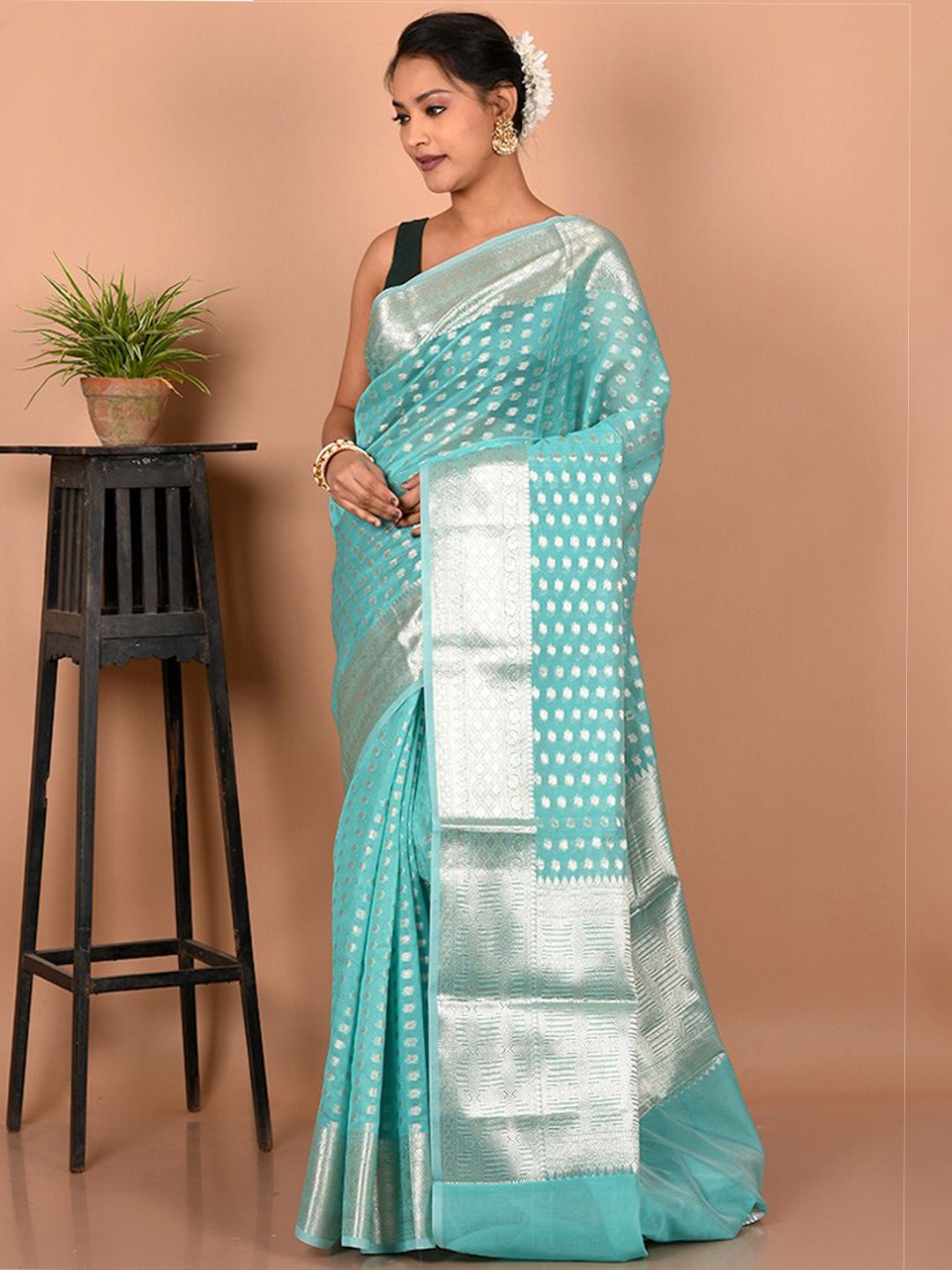 

AllSilks Ethnic Motifs Woven Design Zari Border Saree, Blue