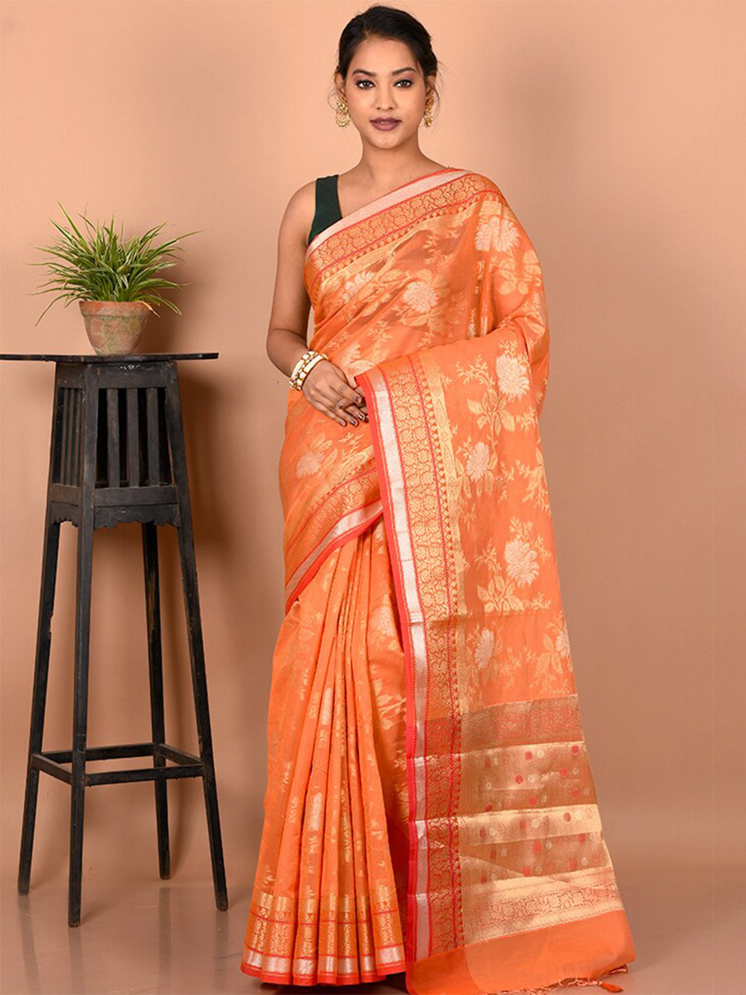 

AllSilks Floral Woven Design Zari Border Saree, Rust
