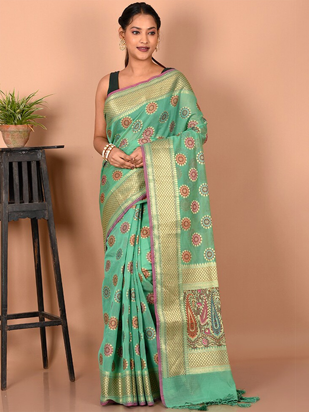 

AllSilks Floral Print Zari Border Saree, Green