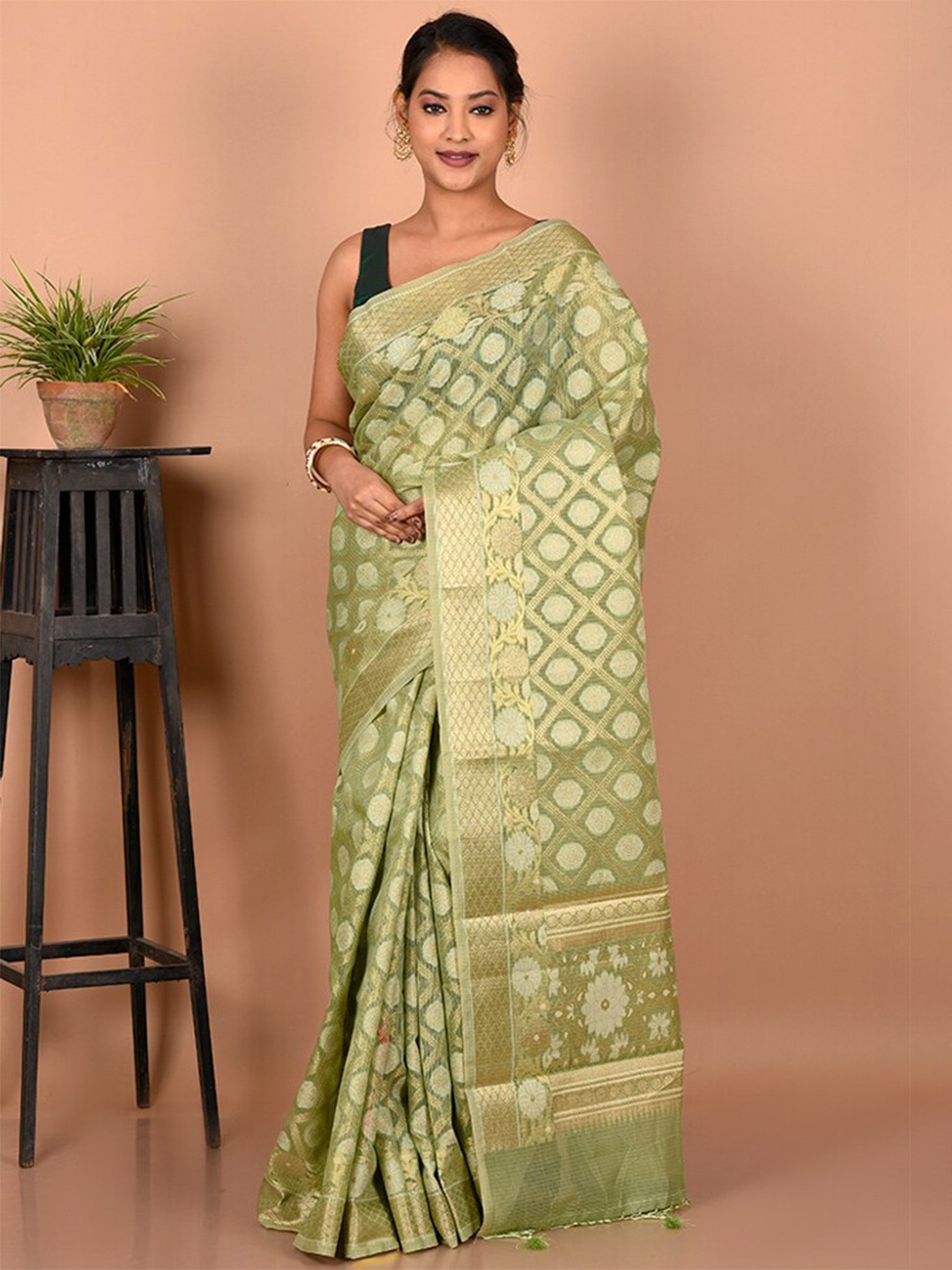 

AllSilks Ethnic Motifs Woven Design Zari Border Saree, Green