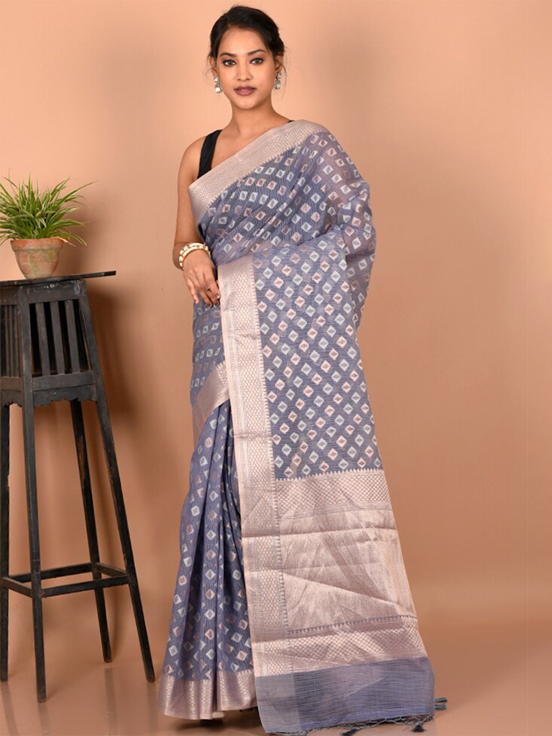 

AllSilks Women Zari Saree, Grey