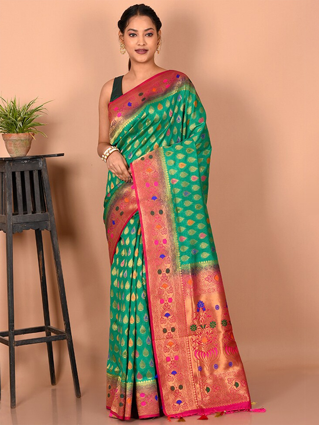 

AllSilks Woven Design Zari Silk Blend Saree, Green