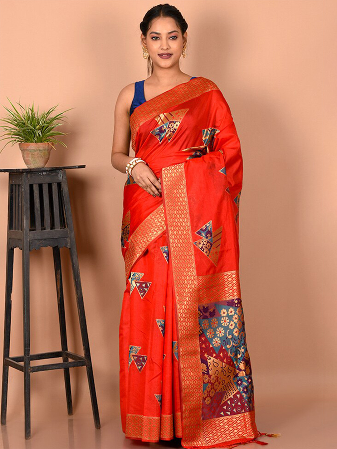 

AllSilks Woven Design Zari Silk Blend Saree, Red