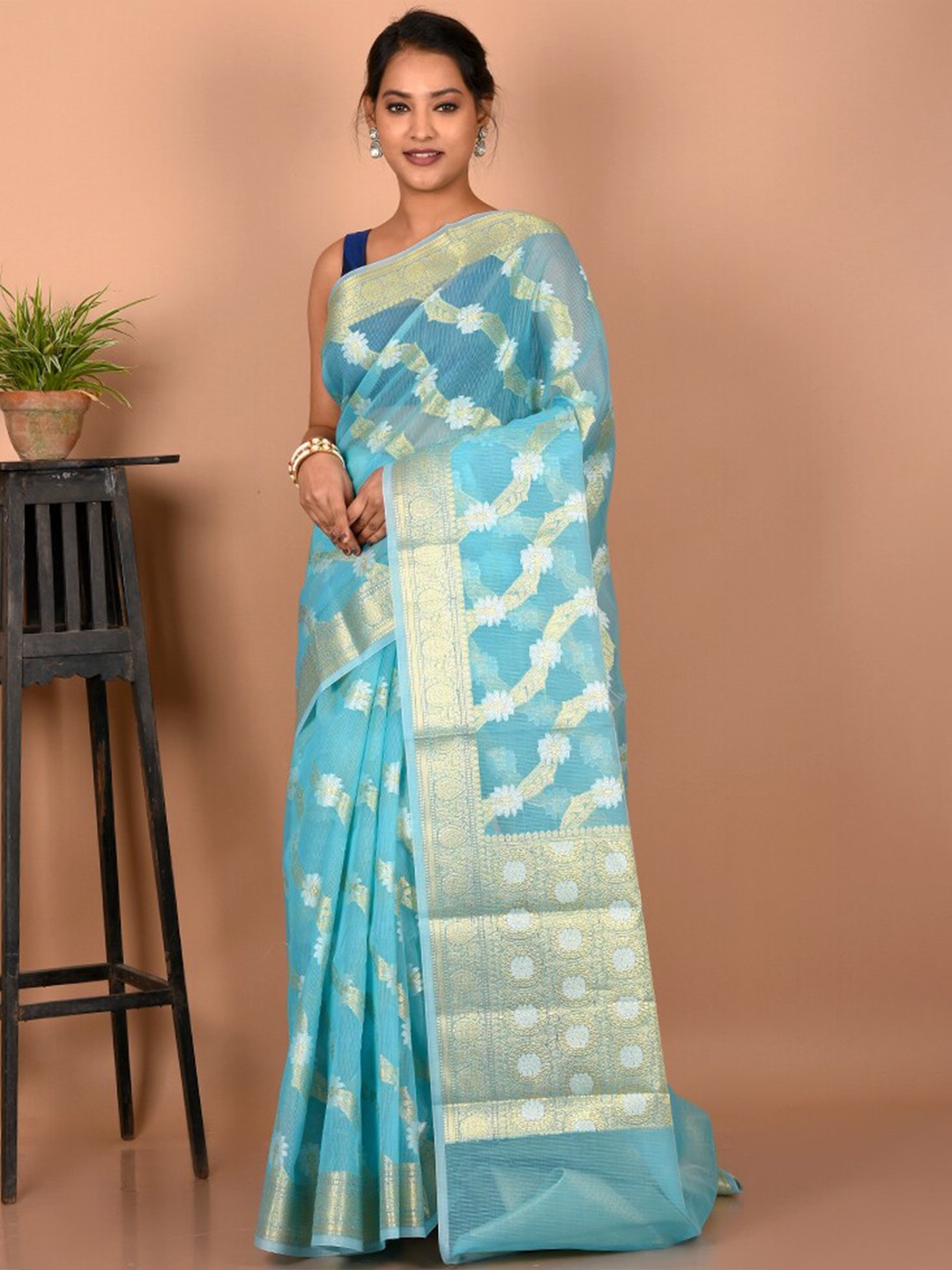 

AllSilks Blue & Gold-Toned Woven Design Zari Saree