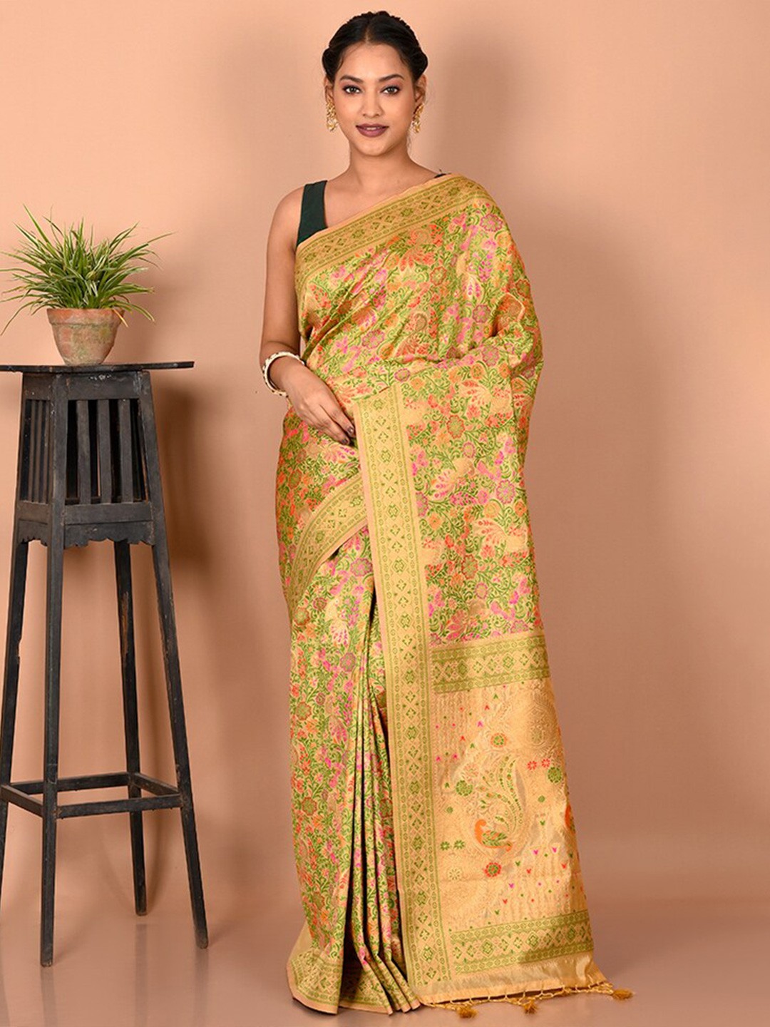 

AllSilks Floral Zari Silk Blend Saree, Cream