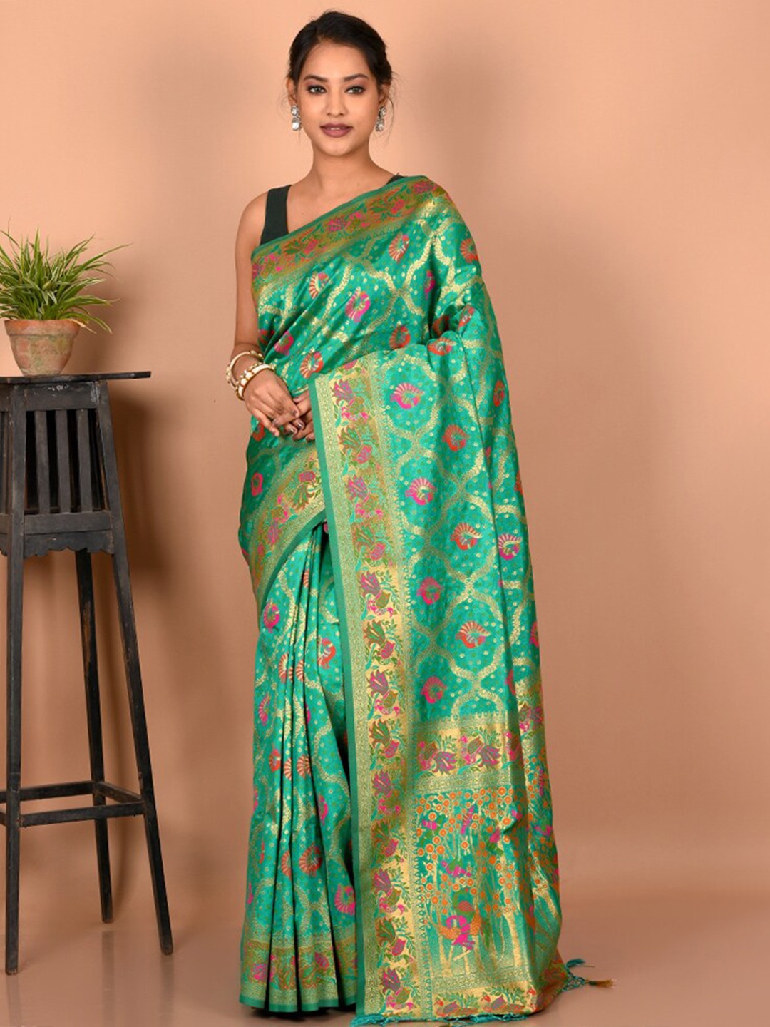 

AllSilks Green & Pink Woven Design Zari Silk Blend Saree