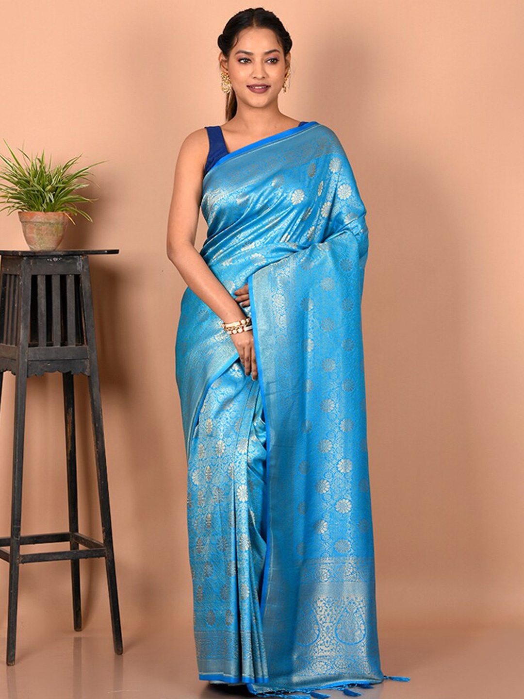 

AllSilks Floral Zari Silk Blend Saree, Blue
